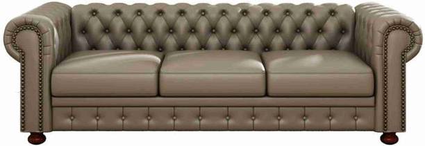 India wood mart Wood Chesterfield leatherette sofa wood-framed modern tufted deep seats Khaki Half-leather 3 Seater  Sofa