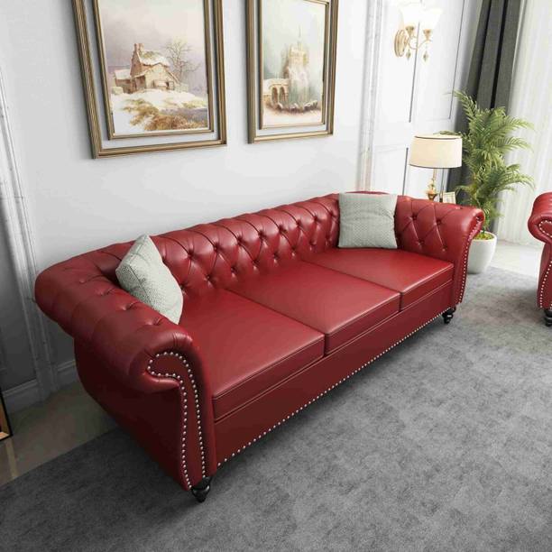 India wood mart Chesterfield leatherette sofa wood-framed modern sofa tufted deep seats Cherry Half-leather 3 Seater  Sofa
