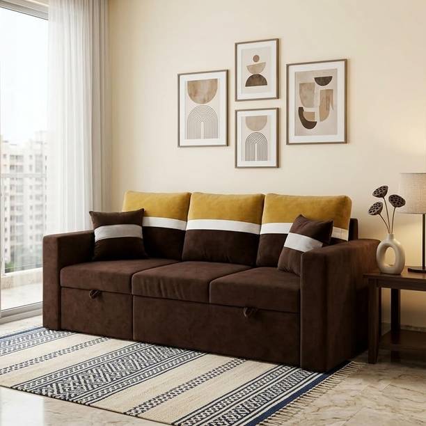 FURNY Tavissa 4 Seater LHS Lounger Sofa Cum Bed with Pull-Out Function | Dark Brown Fabric 4 Seater Sofa