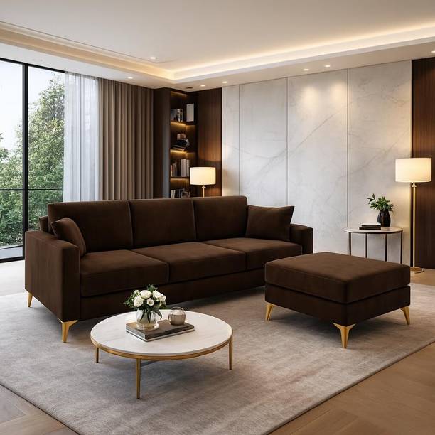 FURNY Bravelle 3 Seater Modular Sofa Set with 1 Ottoman| Soft Velvet | Golden Legs Fabric 3 Seater  Sofa