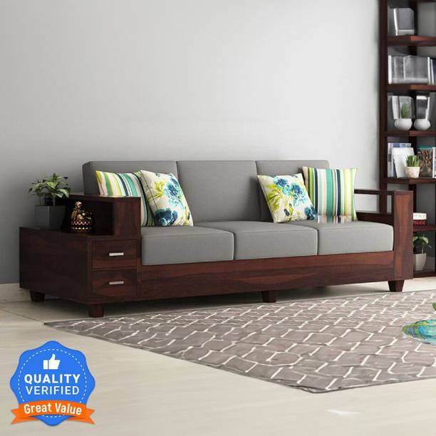 Douceur Furnitures Solid Sheesham Wood 3 Seater Sofa With Storage For Living / Cafe / Office. Fabric 3 Seater  Sofa