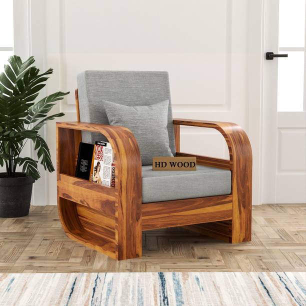 HDWOOD COMFY Solid Sheesham Wood One Seater Sofa With Round Arms & Pocket Storage || Fabric 1 Seater  Sofa
