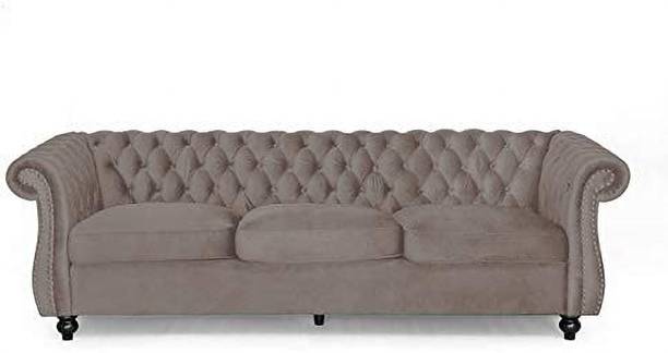 LUSTRE ENTERPRISE Solid Wood Scenic Velvet Chesterfield Three Seater Sofa in Ash Grey Color Fabric 3 Seater  Sofa