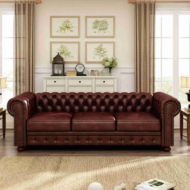 India wood mart Chesterfield leatherette sofa wood-framed modern sofa tufted deep seats Brown Half-leather 3 Seater  Sofa