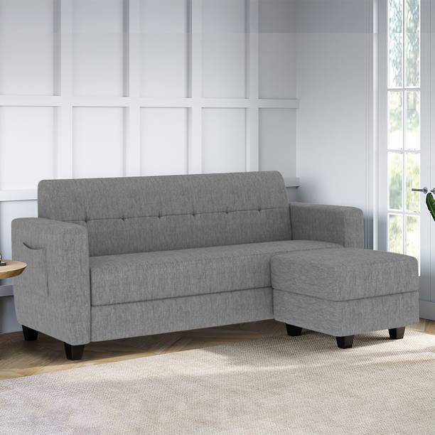 ARRA New Remo Three Seater + Ottoman Sofa in Grey Color Fabric 4 Seater  Sofa
