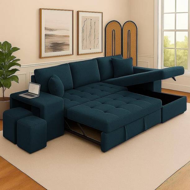 FURNY Holland 6 Seater RHS L Shape Pull Out Sofa Cum Bed with Storage & 2 Puffy Fabric 6 Seater  Sofa