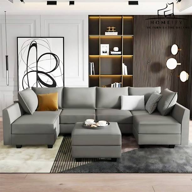 Homeify Charles 6 Seater Fabric U Shaped Sectional Sofa Set with Ottoman for Living Room Fabric 6 Seater  Sofa