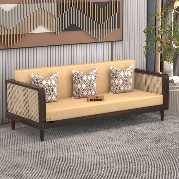 Jh Decore Solid Wood Three Seater Sofa With Rattan Cane Arm Design & Seating || Fabric 3 Seater  Sofa