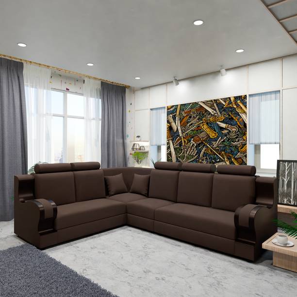 Sekar Lifestyle L Shape Corner Wooden Handles Fabric 5 Seater  Sofa