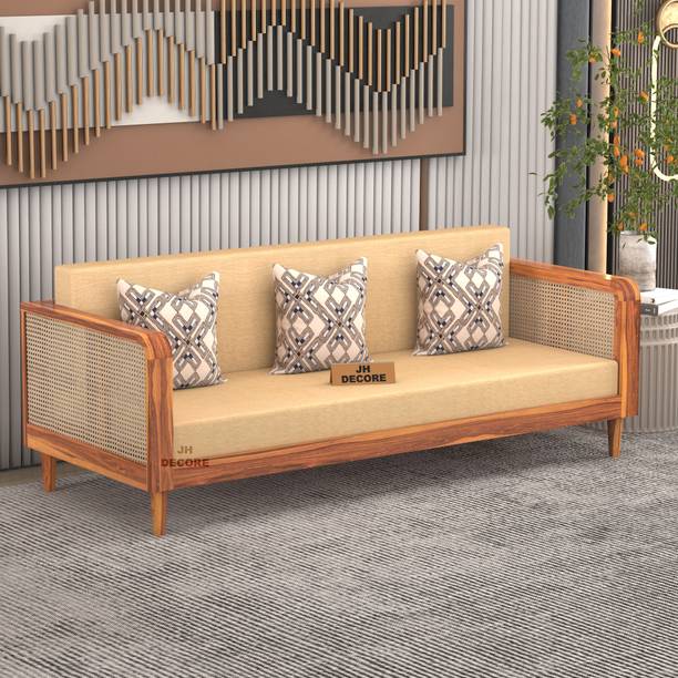 Jh Decore Solid Wood Three Seater Sofa With Rattan Cane Arm Design & Seating || Fabric 3 Seater  Sofa
