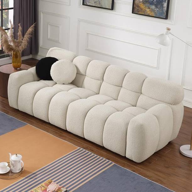 Soul Light Art Wooden Sofa 2 Pillows Upholstered Deep Seat Couch Living Room Bedroom, Beige Fabric 3 Seater  Sofa