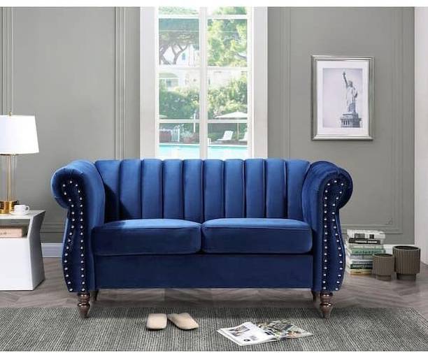 India wood mart Wooden Chesterfield Sofa for Living Room,Guest Room,Hotels 2-Person Sofa Blue Half-leather 2 Seater  Sofa