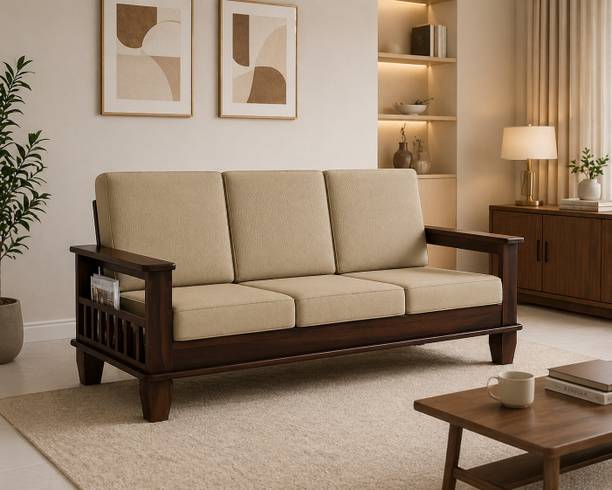 SWANGIA ARTS Solid Sheesham Wood 3 Seater Sofa | Wooden Sofa Set with Comfortable Cushions | Fabric 3 Seater  Sofa