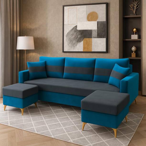 FURNY Bravelle 3 Seater Modular Sofa Set with 2 Ottoman| Soft Velvet| with Golden Legs Fabric 3 Seater  Sofa