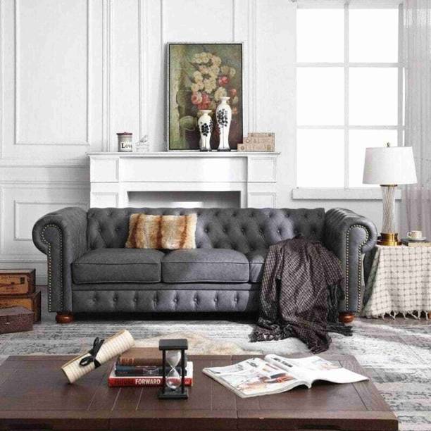 India wood mart Chesterfield leatherette sofa wood-framed modern sofa tufted deep seats Grey Half-leather 3 Seater Sofa