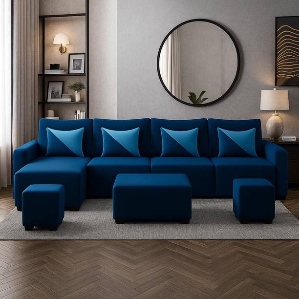 FURNY Siberian 8 Seater LHS L Shape Sofa Set| with 2 Ottoman & Centre Table Fabric 8 Seater Sofa