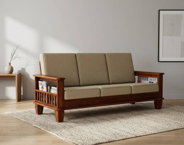 PR FURNITURE Solid Sheesham Wood Three Seater Sofa For Living Room/ Office | Fabric 3 Seater Sofa