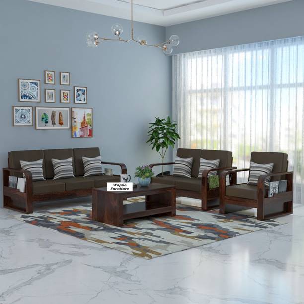 Wopno Furniture Sheesham Wooden 6 Seater Sofa set for living Room | Wooden Sofa Fabric 6 Seater  Sofa