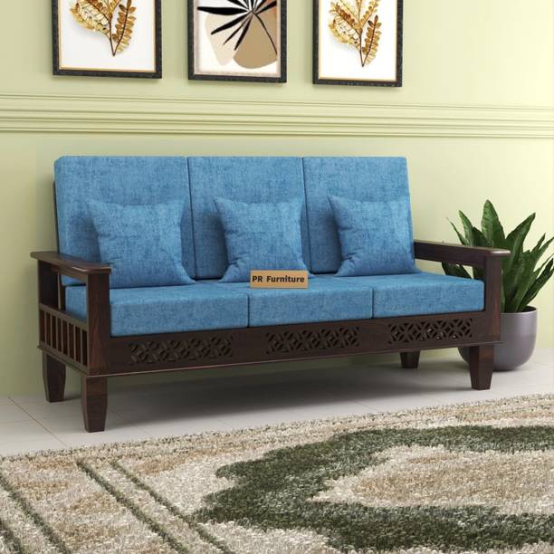 PR FURNITURE Solid Wood Three Seater Sofa With Front CNC Flower Style For Living Room, Café. Fabric 3 Seater Sofa