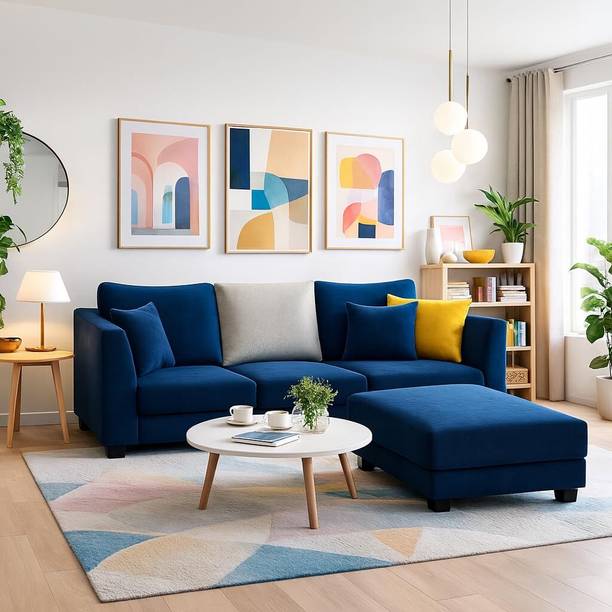 FURNY Trevano 3 Seater Modular L Shape Sofa Set with Ottoman| Soft Velvet Suede Fabric Fabric 3 Seater  Sofa