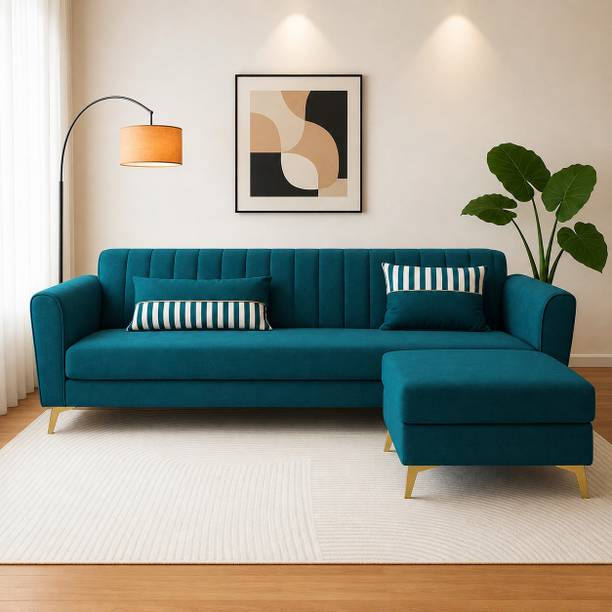 ADORN INDIA Adorn India Luster 4 Seater L Shape Sofa | Ocean Blue Velvet Suede | Golden Legs Fabric 4 Seater Sofa