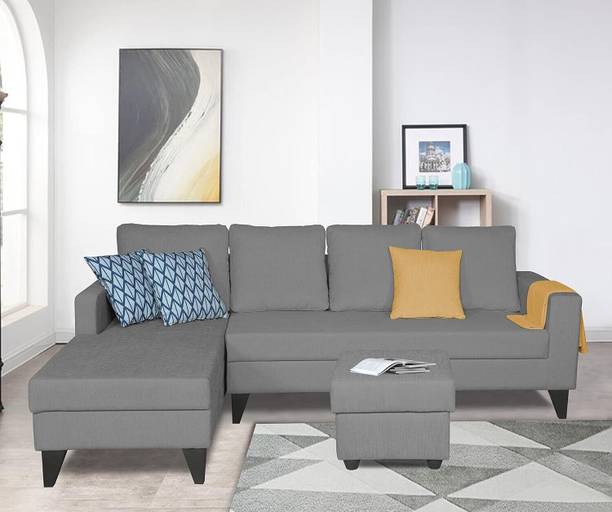 Manorekha Solid Wood Framed Upholstered Seven Seater Left Facing Sofa With One Puffy || Fabric 7 Seater  Sofa