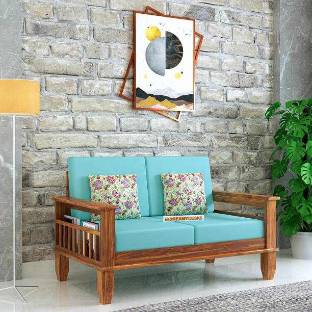 Dreamydesks 2 Seater Sofa with Side Pockets with Cushions for Living Room Solid Wood 2 Seater  Sofa