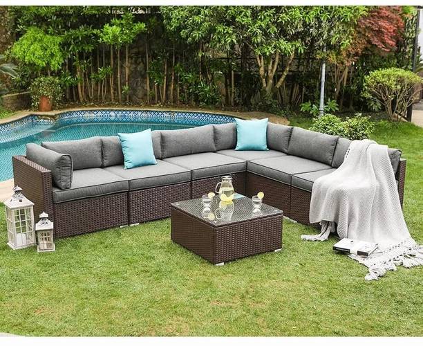 Mymigos Outdoor Wicker 6-Seater Sectional Sofa Set Fabric 6 Seater  Sofa
