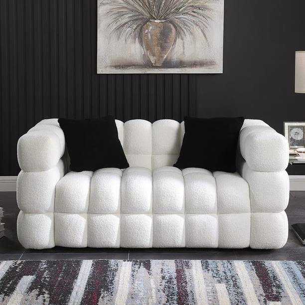 Soul Light Art Wooden Sofa 2 Pillows Upholstered Deep Seat Couch Living Room Bedroom, White Fabric 2 Seater  Sofa