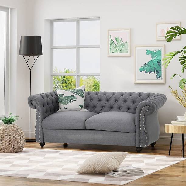 India wood mart Wood Velvet 2 Seater Modern Chesterfield Sofa Bedroom,Office,Apartment Grey Half-leather 2 Seater  Sofa