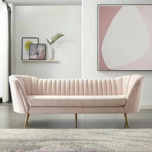 India wood mart Tufted Curved Performance Velvet Sofa Fabric 3 Seater  Sofa