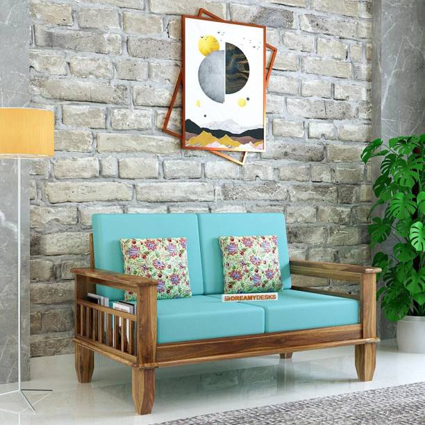 Dreamydesks 2 Seater Sofa with Side Pockets with Cushions for Living Room Solid Wood 2 Seater  Sofa