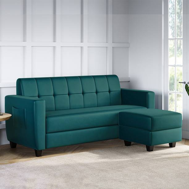 ARRA Remo Three Seater Sofa With Ottoman in Teal Green Color Fabric 4 Seater  Sofa
