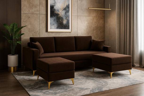 FURNY Bravelle 3 Seater Modular Sofa Set with 2 Ottoman| Soft Velvet Suede Fabric Fabric 3 Seater  Sofa