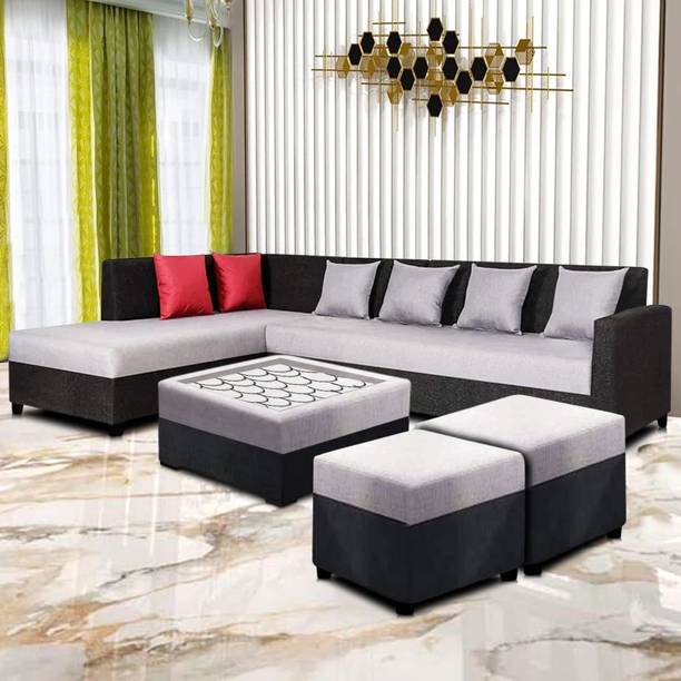 Brickwud Cassol 8 Fabric LHS L Shape Sofa Set with Ottoman (Light Grey-Black) Fabric 8 Seater Sofa
