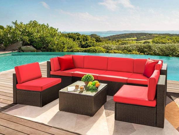 Mymigos Outdoor Cane Furniture Sofa Set Wicker Sectional Sofa All-Weather Rattan Fabric 6 Seater  Sofa