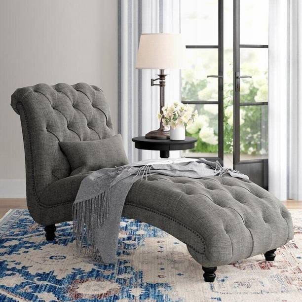 WOODEN TWIST Dormitorio Button Tufted Modernize Solid Wood Couch Chaise Lounge (Grey) Fabric 1 Seater Sofa