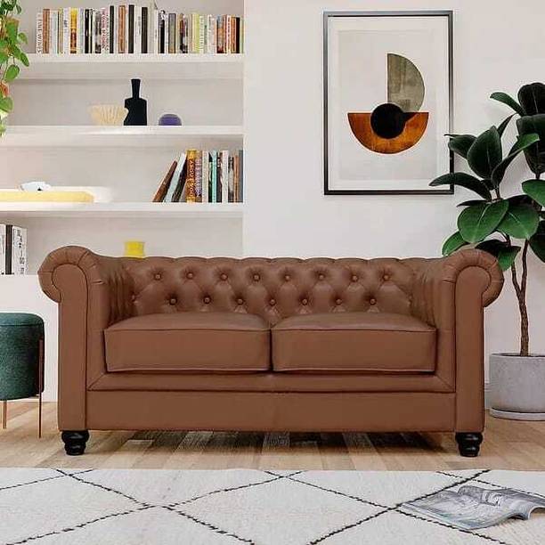 India wood mart Chesterfield Sofa Chestnut Leatherette 2 Seater Sofa Half-leather 2 Seater  Sofa