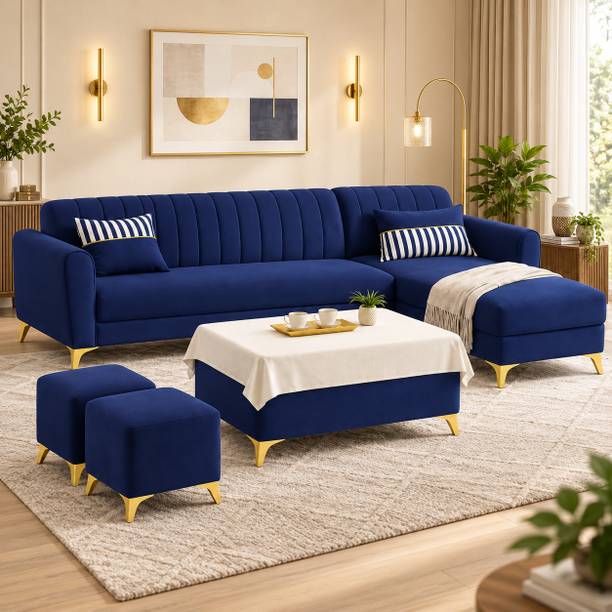 ADORN INDIA Adorn India Luster 8 Seater L Shape Sofa | RHS | Blue | 2 Puffy & Center Table Fabric 8 Seater Sofa