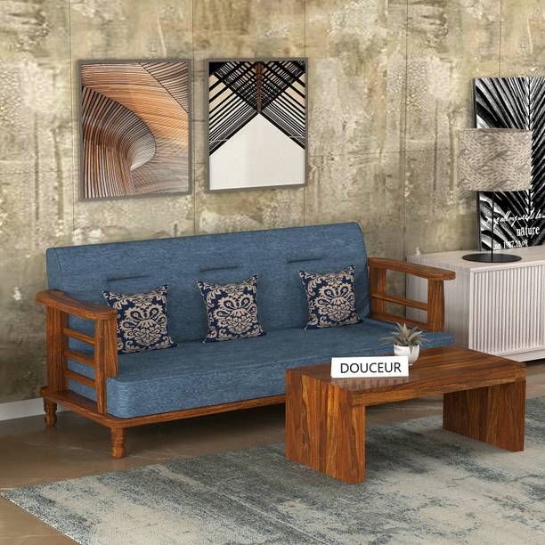 Douceur Furnitures Solid Sheesham Wood Three Seater Sofa Set For Living Room / Hotel. Fabric 3 Seater  Sofa