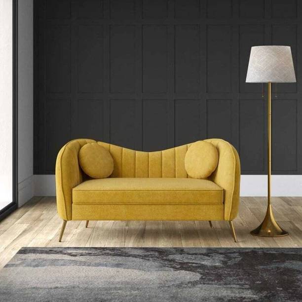 Soul Light Art Wooden Sofa 2 Pillows Curved Design Couch Living Room Bedroom Musturd Half-leather 2 Seater Sofa