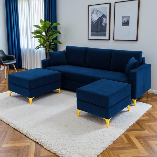 FURNY Bravelle 3 Seater Modular Sofa Set with 2 Ottoman| Soft Velvet Suede Fabric Fabric 3 Seater  Sofa