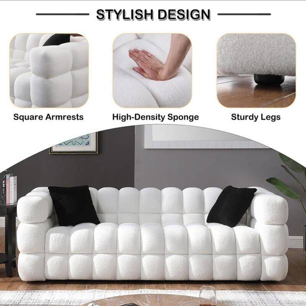 India wood mart Wooden Sofa 2 Pillows Deep Seat Couch Living Room Bedroom White Fabric 3 Seater  Sofa