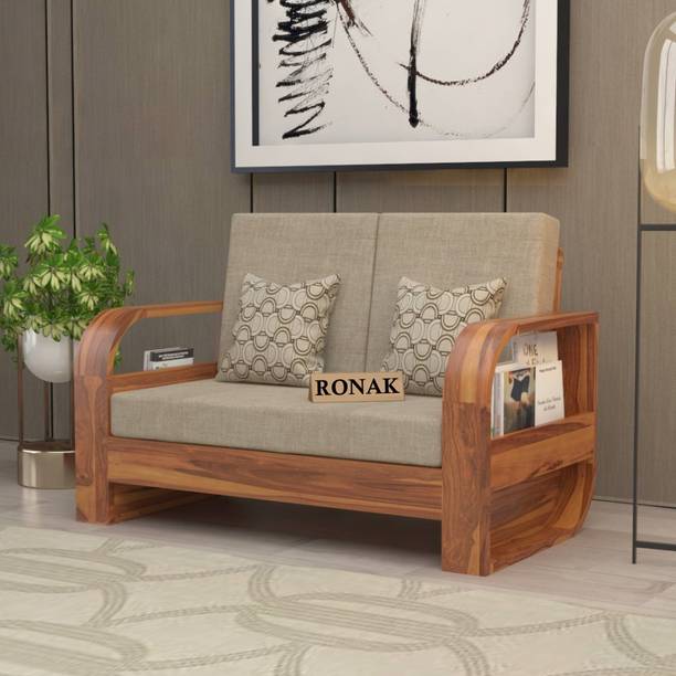 RONAK COMFY Solid Sheesham Wood Two Seater Sofa With Round Arm & Pocket Storage Space| Fabric 2 Seater  Sofa