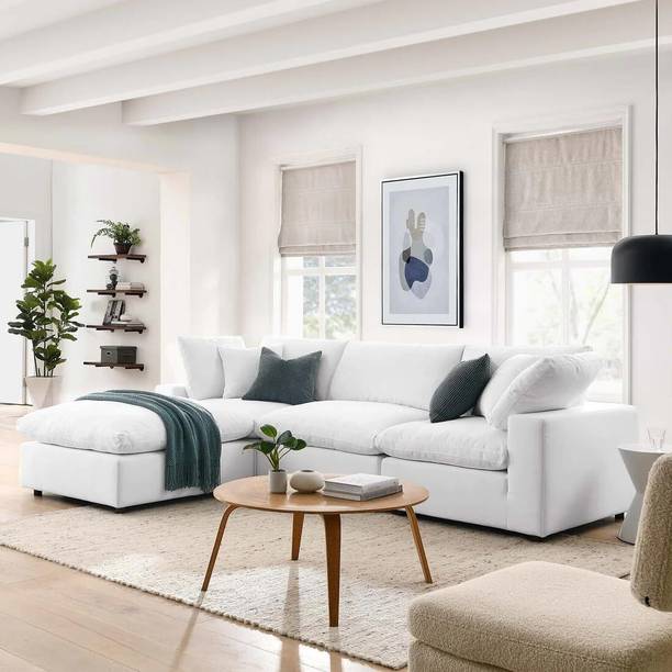 WOODEN TWIST Modernize Relleno L-Shape Teak Wood 5 Seater Sectional Sofa Set (White) Fabric 5 Seater Sofa