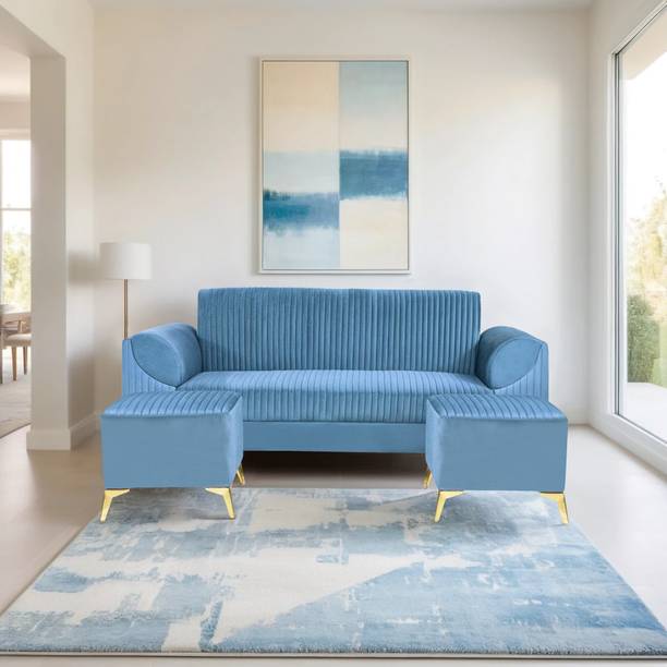 Seventh Heaven Venice 5 Seater Sofa with 2 Ottoman, Premium Velvet Fabric: 2 Year Warranty Fabric 3 + 1 + 1 Sofa Set