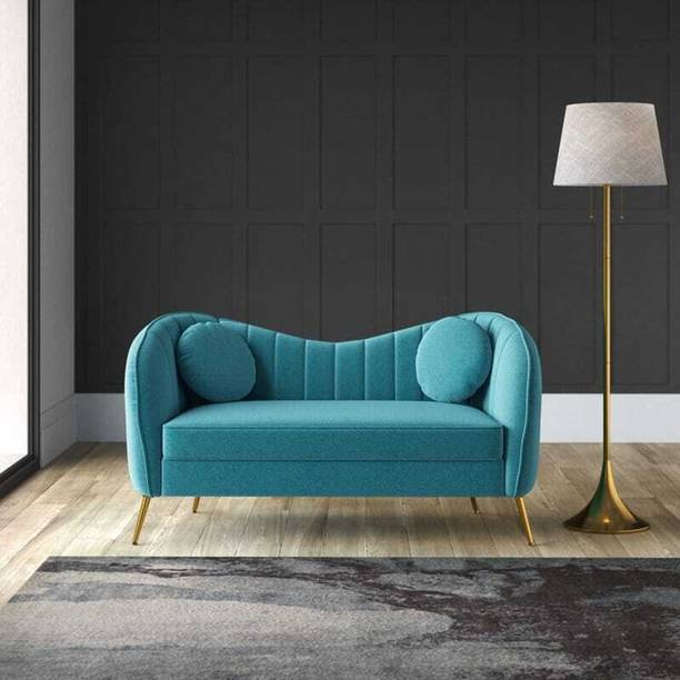 India wood mart Wooden Sofa 2 Pillows Curved Design Couch Living Room Bedroom Teal Fabric 2 Seater  Sofa