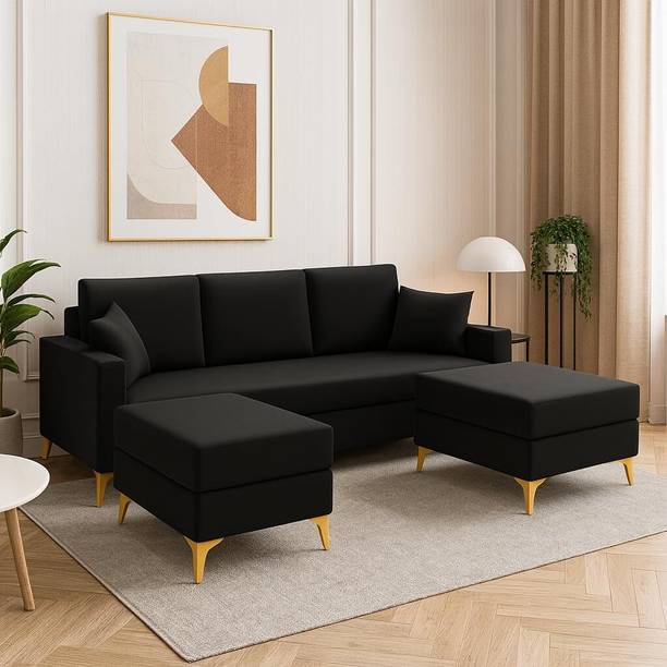 FURNY Bravelle 3 Seater Modular Sofa Set with 2 Ottoman| Soft Velvet Suede Fabric Fabric 3 Seater  Sofa
