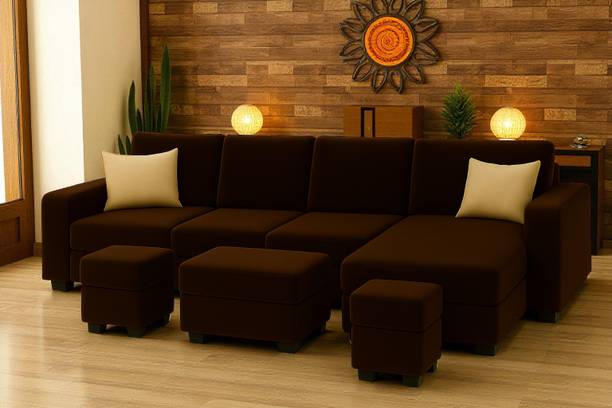 FURNY Soho 8 Seater Fabric RHS L Shape Sofa Set with 1 Ottoman & 2 Puffy Living Room Fabric 8 Seater  Sofa