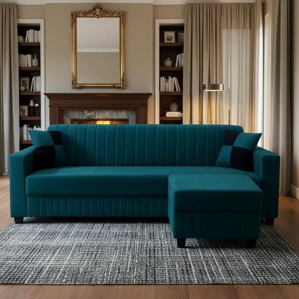 FURNY Gracina 3 Seater Modular Fabric Sofa Set with Ottoman Premium Velvet Finish Fabric 3 Seater  Sofa